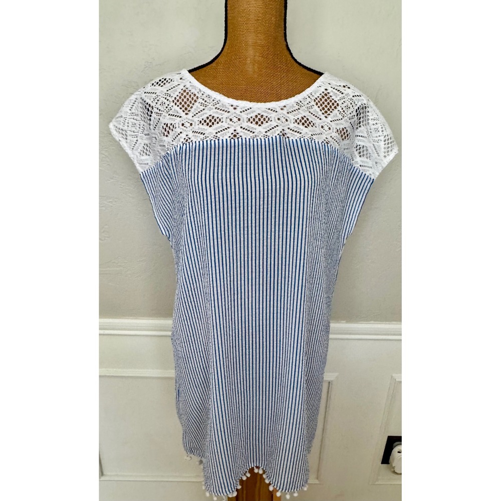 Blue White Striped Seersucker Swim Cover Up Dress Lace Yoke Pom Pom Trim Large